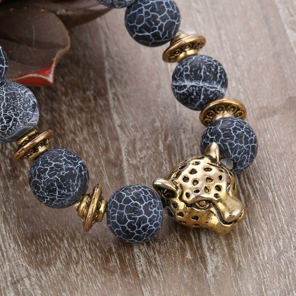 Unisex Blue Agate Stone & Silver Leopard Head Beaded Bracelet NEW - Picture 4 of 5